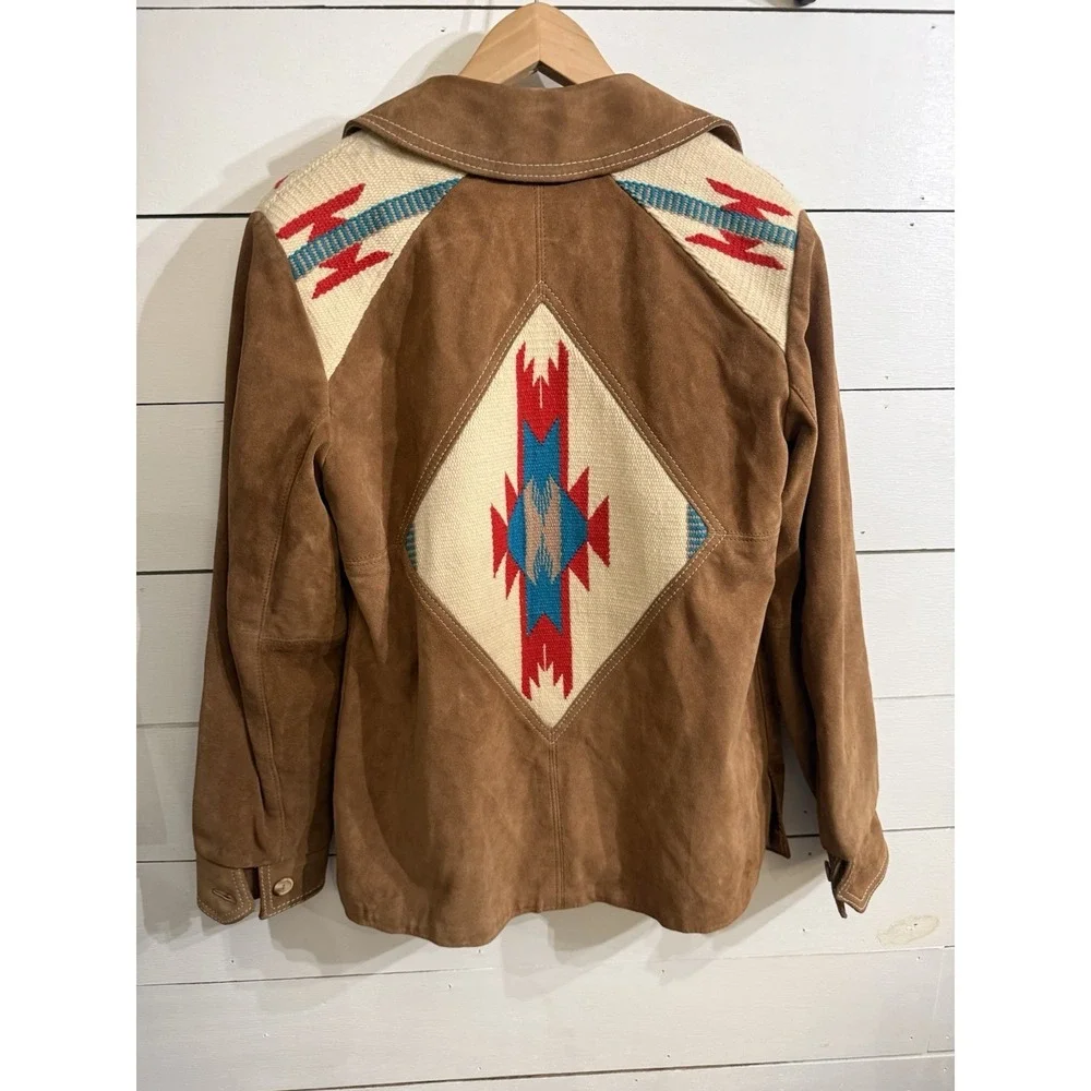 VTG Ms. Pioneer Wear Western Pattern‎ Suede Jacket Brown 1970's SZ 14 New Mexico
